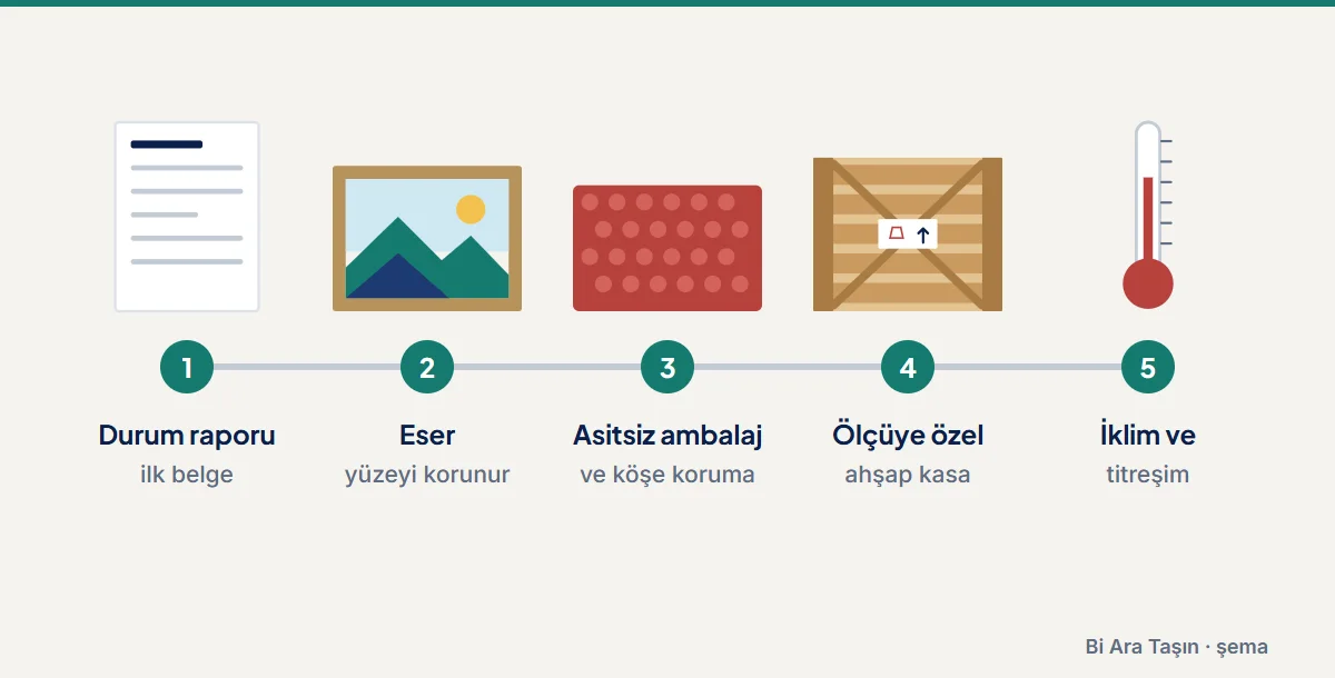 Şema: Durum raporu: ilk belge; Eser: yüzeyi korunur; Asitsiz ambalaj: ve köşe koruma; Ölçüye özel: ahşap kasa; İklim ve: titreşim